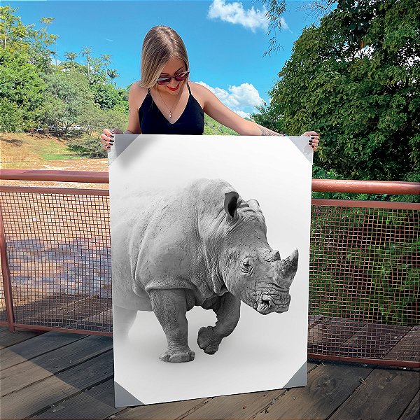 Quadro Decorativo Canvas Rinoceronte Abstrato Fundo Cinza Animal Silvestre Vertical