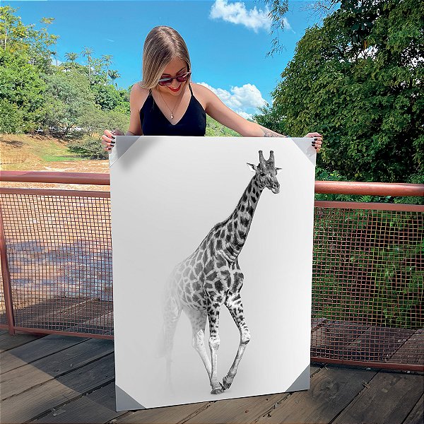 Quadro Decorativo Canvas Girafa Abstrato Fundo Cinza Animal Silvestre Vertical