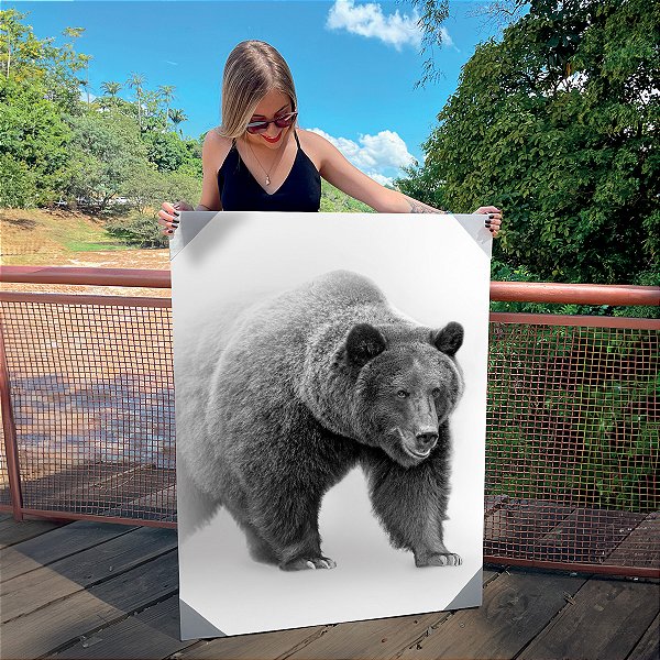 Quadro Decorativo Canvas Urso Abstrato Fundo Cinza Animal Silvestre Vertical