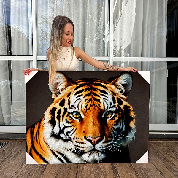 Quadro Decorativo Canvas Tigre Colorido Fundo Preto Horizontal