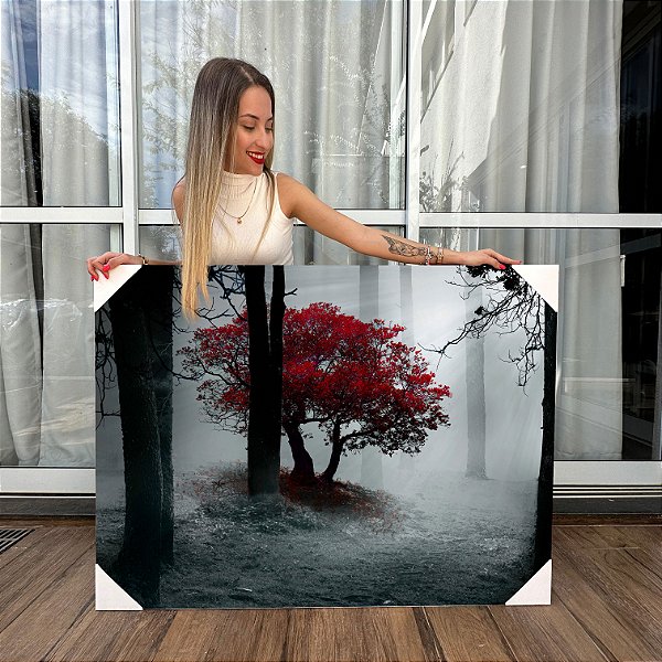 Quadro Decorativo Canvas Paisagem Árvore em Tons Vermelhos Horizontal
