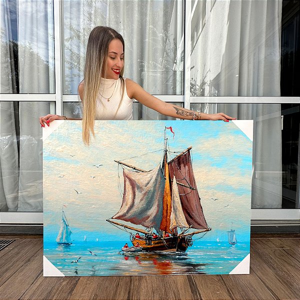 Quadro Decorativo Canvas Paisagem Pintura Abstrata à Óleo Barco a Vela Horizontal