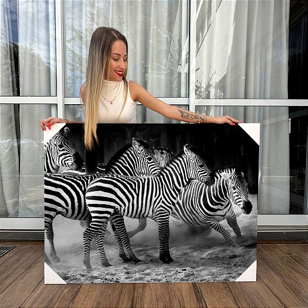 Quadro Decorativo Canvas Animal Silvestre Zebras Preto e Branco Horizontal