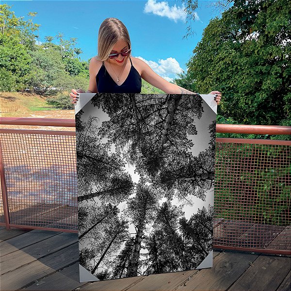 Quadro Decorativo Canvas Paisagem de Copas das Árvores Preto e Branco Vertical