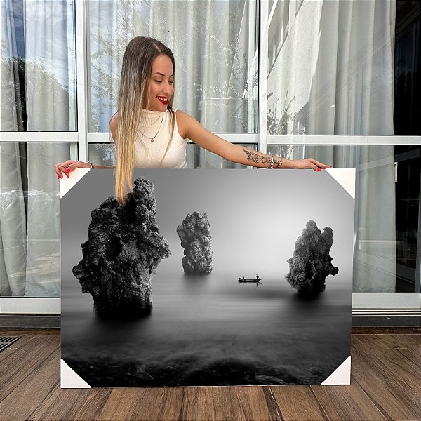 Quadro Decorativo Canvas Paisagem Rochas ao Mar Black and White Horizontal
