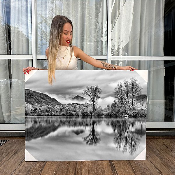 Quadro Decorativo Canvas Paisagem Lago na Floresta Black and White Horizontal