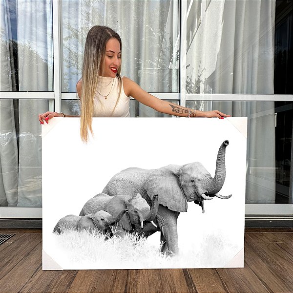 Quadro Decorativo Canvas Animais Selvagens Família de Elefantes Horizontal