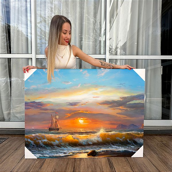 Quadro Decorativo Canvas Paisagem Pintura a Óleo Barco navegando ao mar sob Por do Sol Horizontal