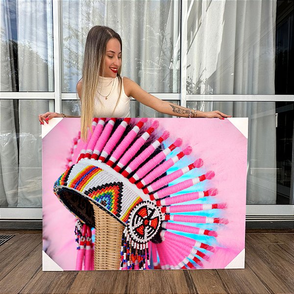 Quadro Decorativo Canvas Paisagem Cocar Indígena Rosa e Colorido Horizontal