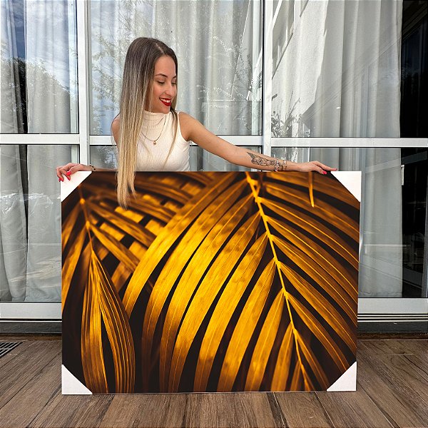 Quadro Decorativo Canvas Composição de Folhas Douradas Horizontal