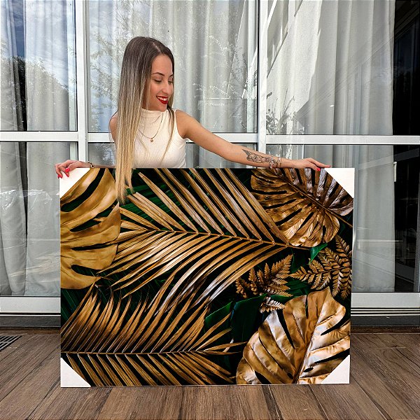 Quadro Decorativo Canvas Folhas de Costela de Adão e Palmeira Douradas Horizontal