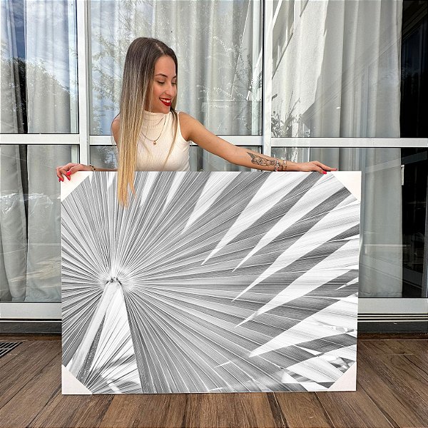 Quadro Decorativo Canvas Paisagem Folhas de Palmeiras Preto e Branco Horizontal