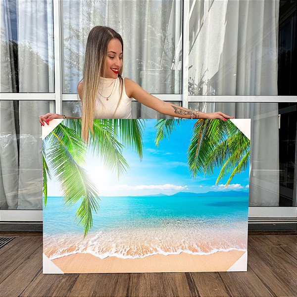 Quadro Decorativo Canvas  Paisagem Praia com Palmeiras Horizontal