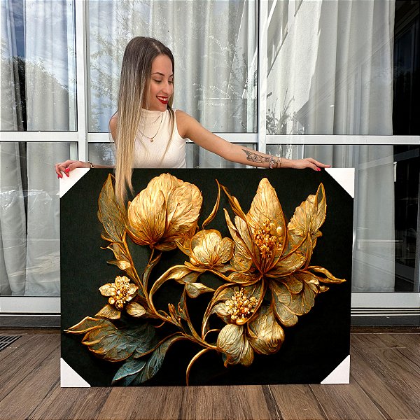 Quadro Decorativo Canvas Folhas Abstratas Fundo Preto Horizontal