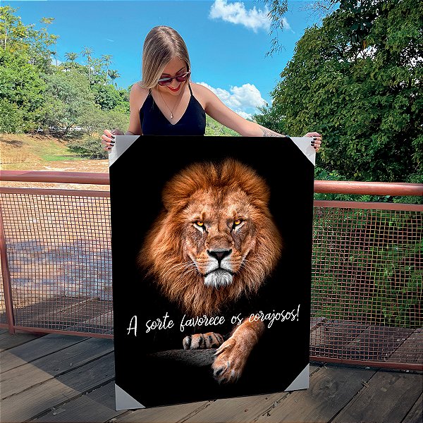 Quadro Decorativo Canvas Leão de Judá Frase A Sorte Favorece os Corajosos