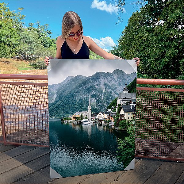 Quadro Decorativo Canvas Paisagem de Hallstatt Vilarejo nos Alpes Áustria Vertical