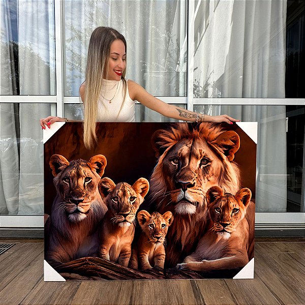 Quadro Decorativo Canvas Família Leão 3 filhotes Horizontal