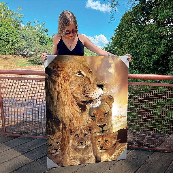 Quadro Decorativo Canvas Familia Leão com 3 filhotes Vertical