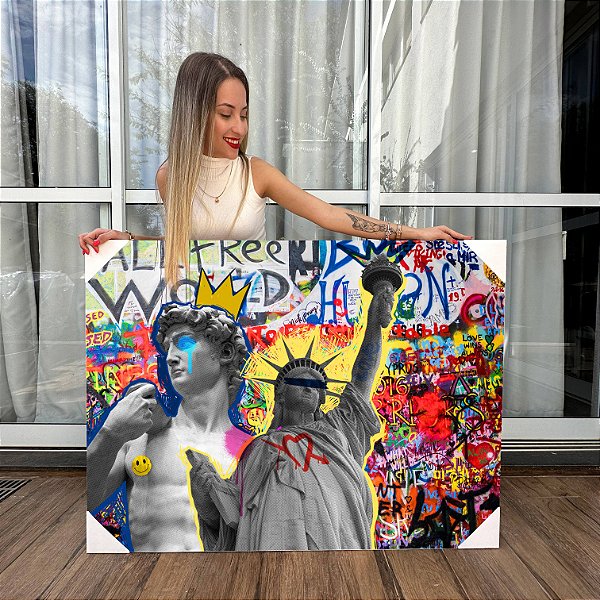 Quadro Decorativo Canvas Asbtrato Arte de Rua com Grafite Estátua da Liberdade Horizontal