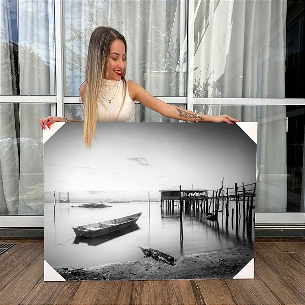 Quadro Decorativo Canvas Paisagem de Ponte e Barco No Lago Black and White Horizontal