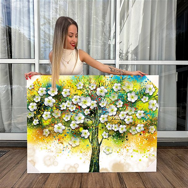 Quadro Decorativo Canvas Arvore de Cerejeira Abstrata Artistica Horizontal