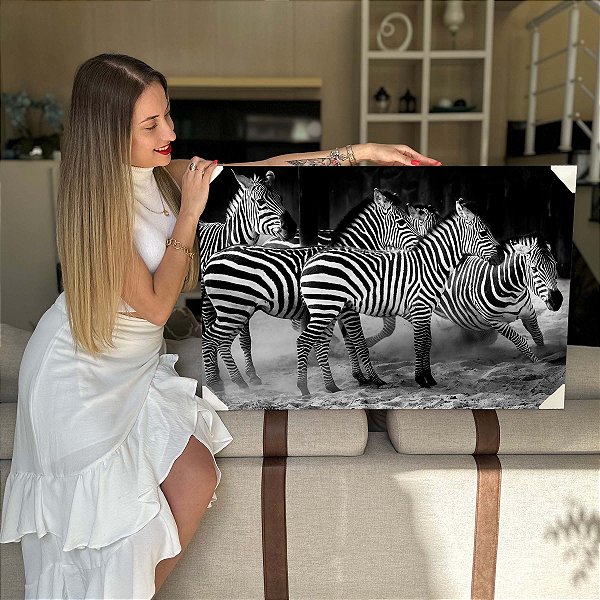Quadro Decorativo Flutuante Animal Silvestre Zebras Preto e Branco Horizontal