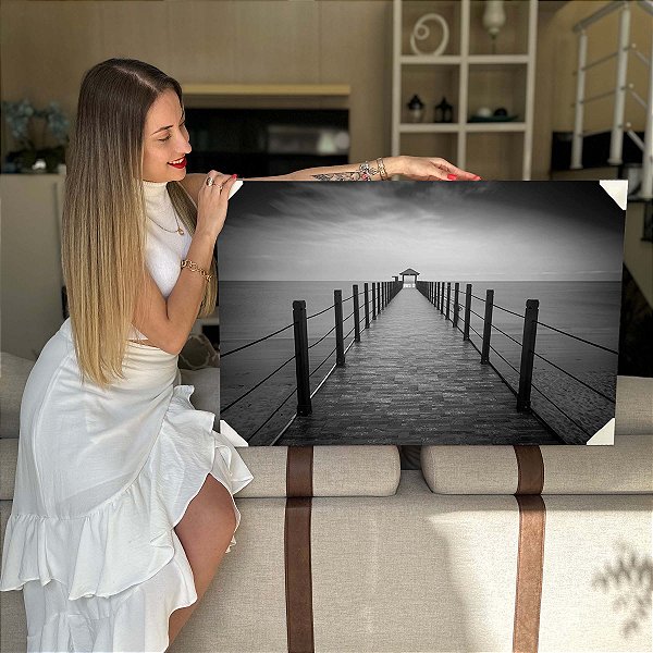 Quadro Decorativo Flutuante Paisagem Ponte ao Mar Black and White Horizontal