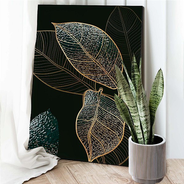 Quadro Decorativo Canvas Folhas com Detalhes em Dourado Asbtrato Vertical