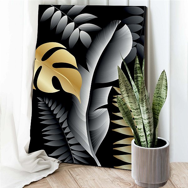Quadro Decorativo Canvas Folhas e Costela de Adão Abstratas Vertical
