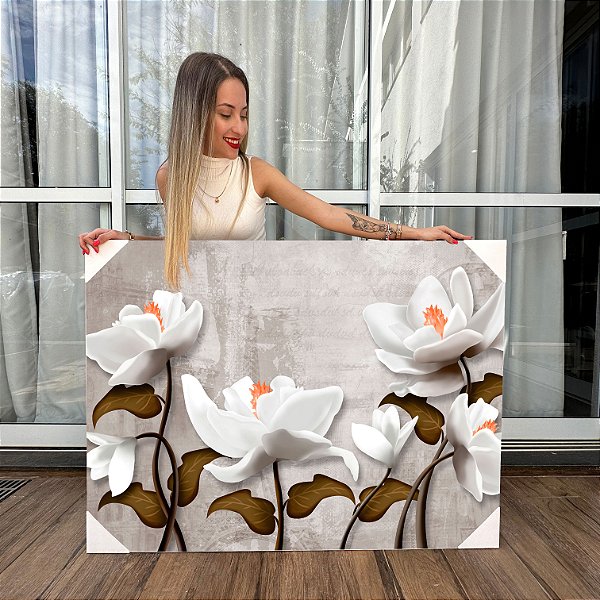 Quadro Decorativo Canvas Floral Pintura de Flores Brancas Fundo Cinza Horizontal