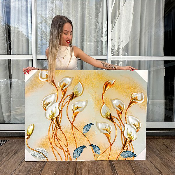 Quadro Decorativo Canvas Florais Artístico Copo de Leite Dourado Horizontal