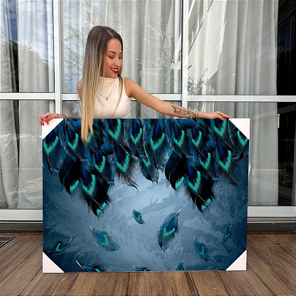 Quadro Decorativo Canvas Abstrato Composição de Penas Verdes Horizontal