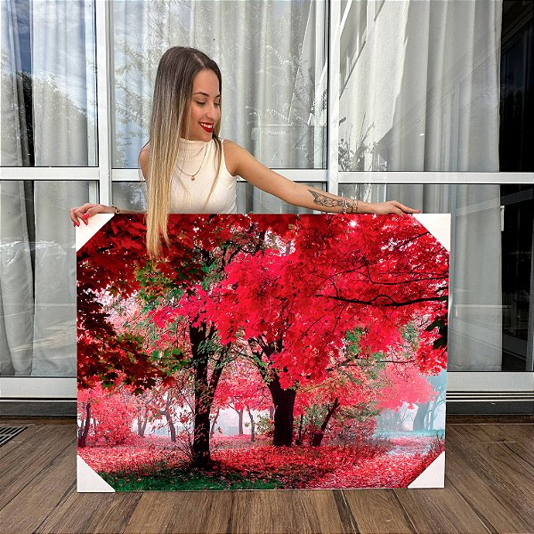 Quadro Decorativo Canvas Paisagem Natureza Parque de Árvores com Folhas Vermelhas Horizontal