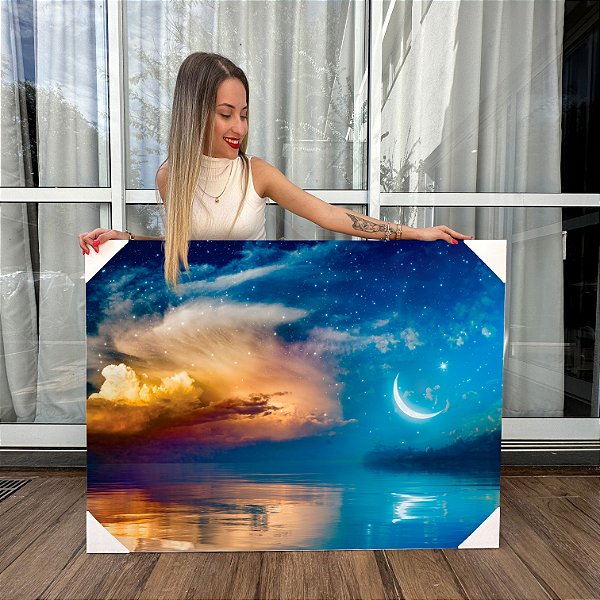 Quadro Decorativo Canvas Paisagem do Anoitecer com a Lua Horizontal