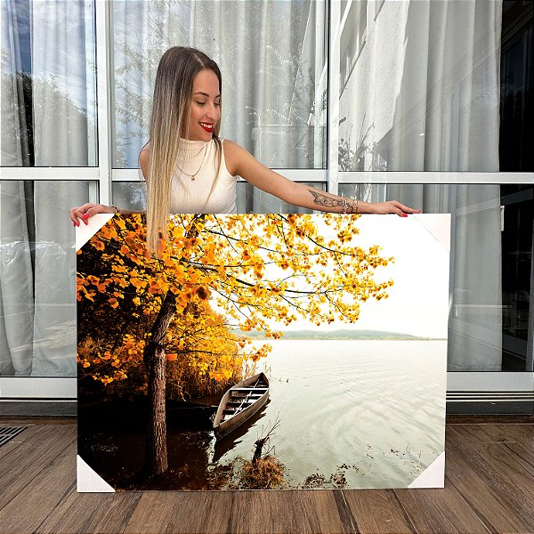 Quadro Decorativo Canvas Paisagem Outono Barco no Lago Horizontal