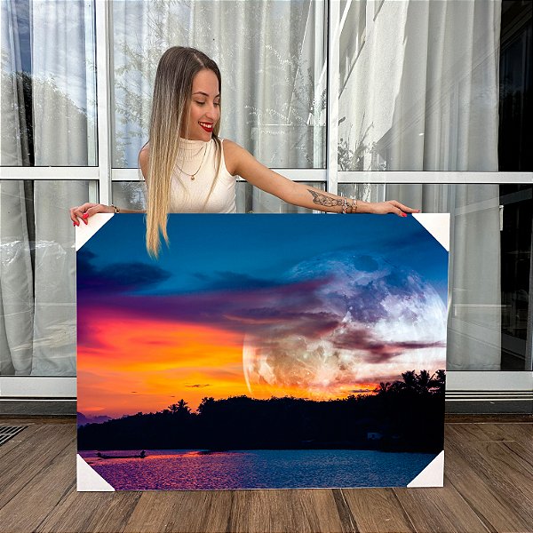 Quadro Decorativo Canvas Paisagem Artística de Luar ao Entardecer Horizontal