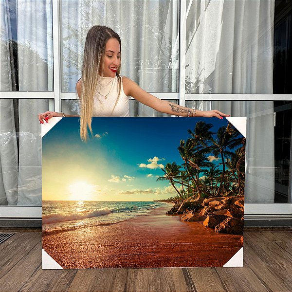 Quadro Decorativo Canvas Paisagem de Praia com Coqueiros e Mar ao Amanhecer Horizontal