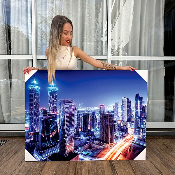 Quadro Decorativo Canvas Paisagem Urbana Noturna da Cidade de Dubai Horizontal