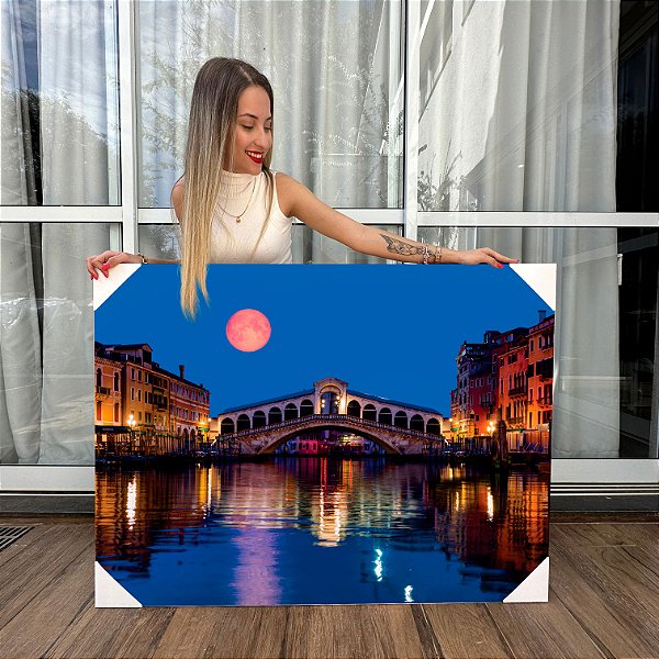 Quadro Decorativo Canvas Paisagem de Ponte Rialto Grande Canal em Veneza Itália Sob Luz Vermelha Horizontal