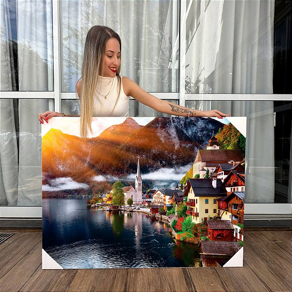 Quadro Decorativo Canvas Paisagem de Hallstatt Vilarejo nos Alpes Áustria Horizontal