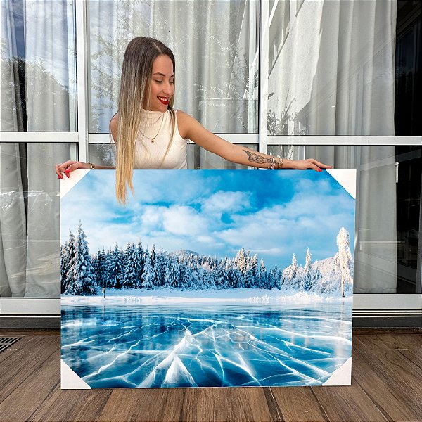 Quadro Decorativo Canvas Paisagem Inverno Lago Congelado com Rachaduras Horizontal