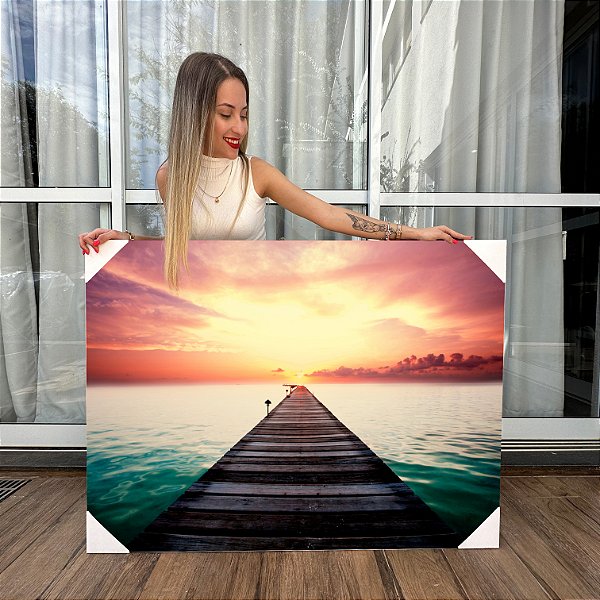 Quadro Decorativo Canvas Ponte de Madeira a Beira Mar ao Por do Sol Horizontal