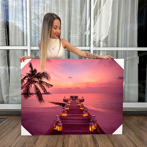 Quadro Decorativo Canvas Paisagem Romântica de Ponte de Madeira na Praia com Velas Horizontal