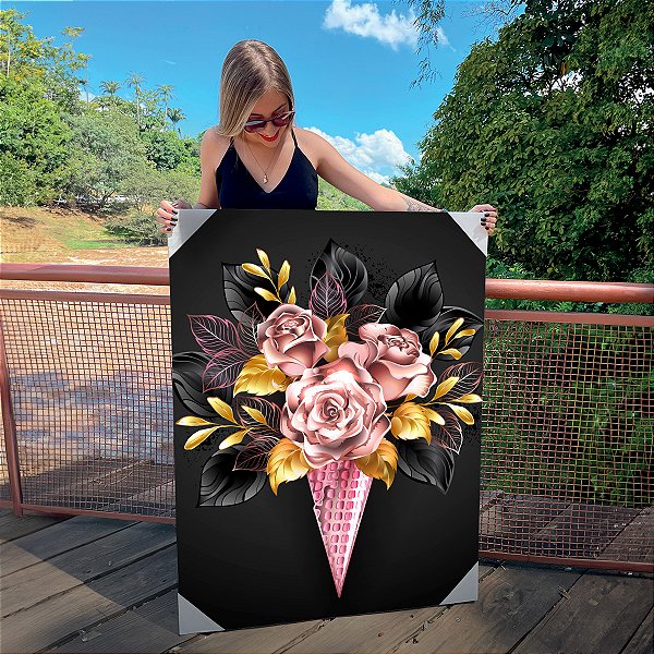 Quadro Decorativo Canvas Floral Buquê de Rosas Fundo Preto