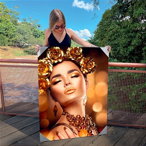 Quadro Decorativo Canvas Mulher Olhos Fechados com Rosas e Jóias Douradas