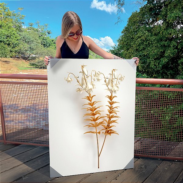 Quadro Decorativo Canvas Floral Branca e Dourada Gold
