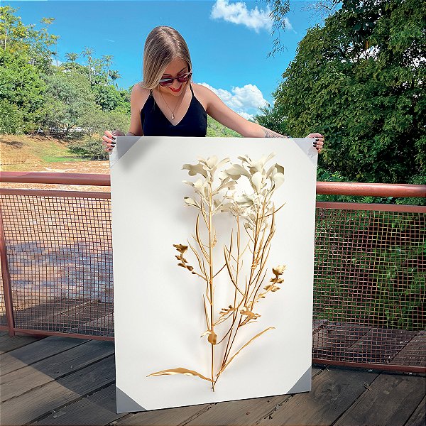 Quadro Decorativo Canvas Floral Ramo de Flores Brancas e Douradas Gold