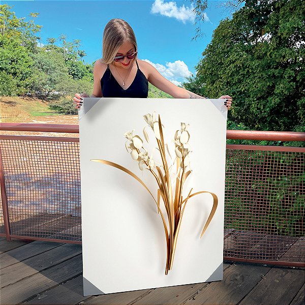 Quadro Decorativo Canvas Floral Ramo de Flores Brancas e Douradas Gold