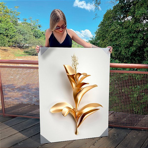 Quadro Decorativo Canvas Floral Flor Branca e Dourada Gold