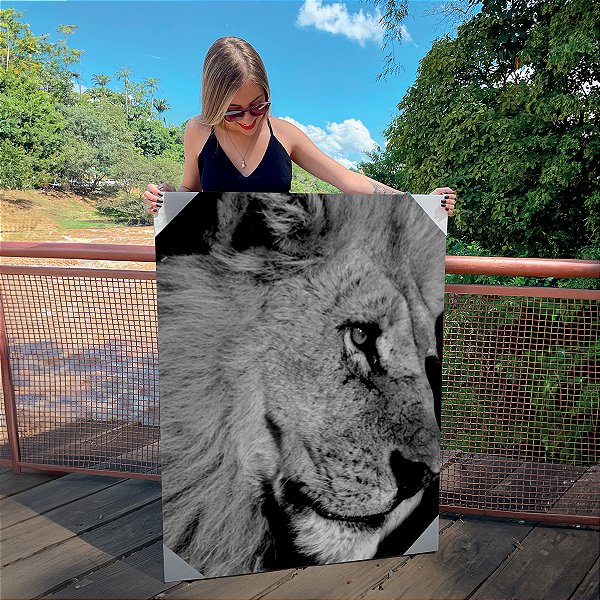 Quadro Decorativo Canvas Animal Silvestre Leão Perfil Preto e Branco
